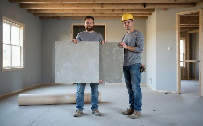Builder and flooring contractor comparing a concrete finish sample on site