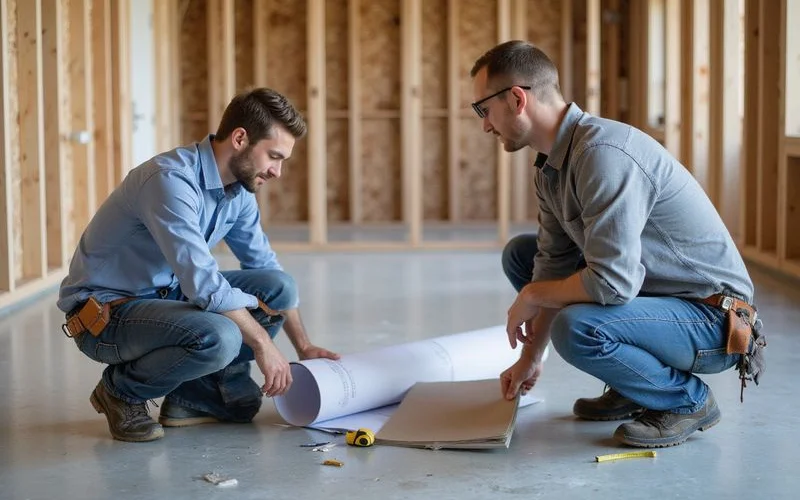 Builder and flooring contractor reviewing a concrete finish sample on site
