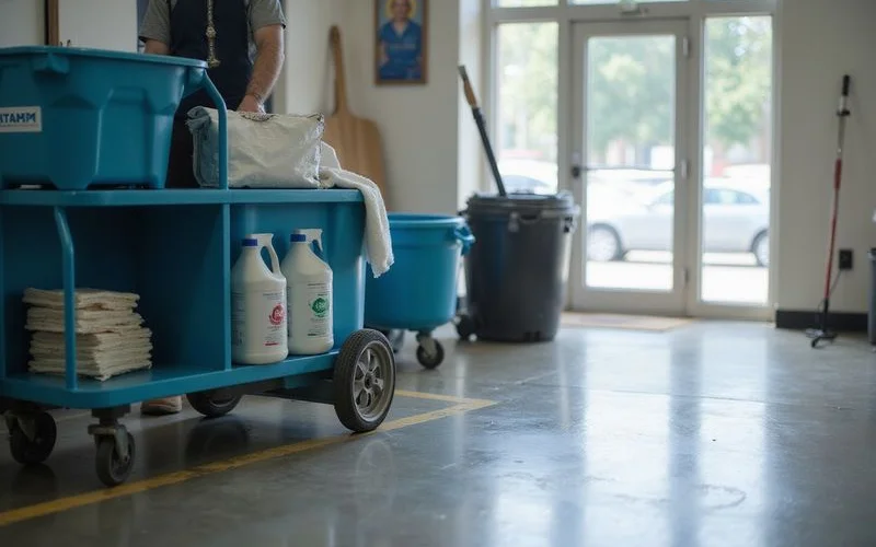 Cleaning cart with neutral-pH products and pads beside a commercial polished floor