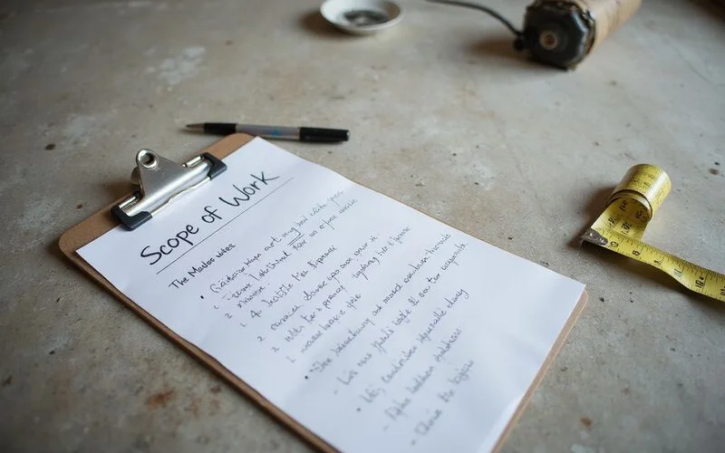 Clipboard with a handwritten scope of work beside a slab