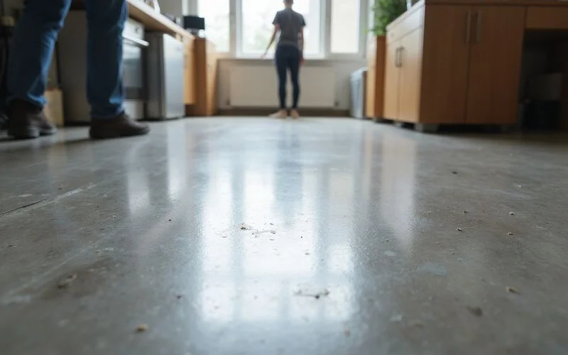 Detail of a high-gloss polished concrete surface with a soft window reflection