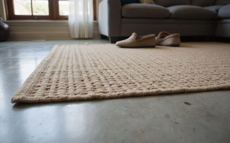 Detail of a polished concrete floor meeting an area rug in a livable setting