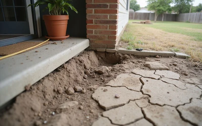 Dry cracked clay soil beside a Central Texas home foundation edge