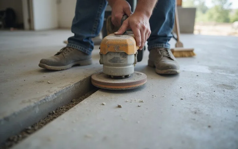Edge-grinding detail work around a room perimeter on a concrete floor