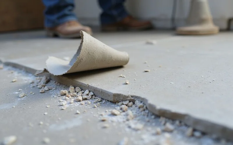 Edge of an epoxy coating lifting from a concrete slab