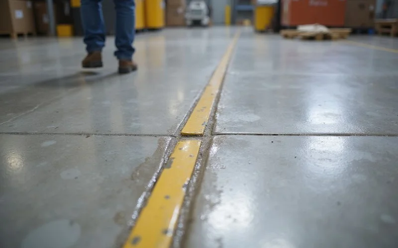 Filled control joint in a polished warehouse floor