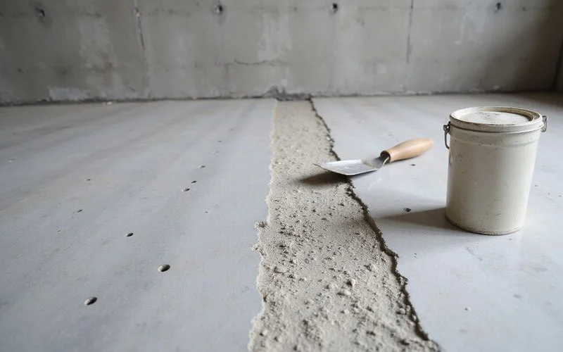 Filled tack holes and a repaired trench line on a slab being prepped for polishing