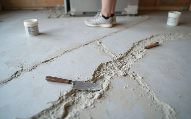 Filled tack holes and a repaired trench line on a slab being prepared for polishing