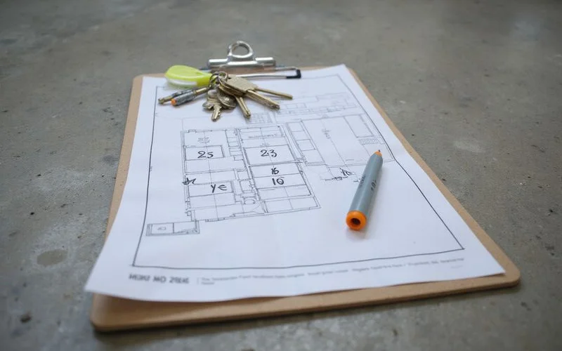 Floor plan marked into numbered work zones beside a commercial concrete floor