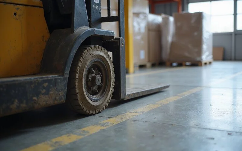 Forklift wheel crossing a polished concrete warehouse floor beside racking
