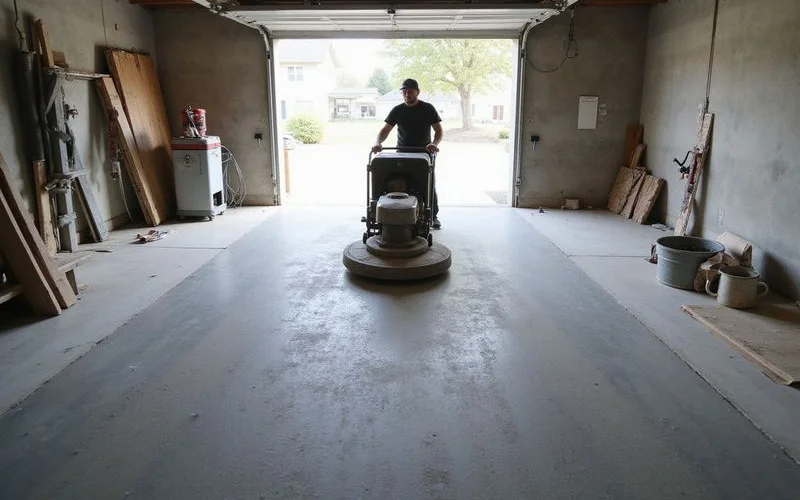 Garage slab being mechanically ground to profile before coating