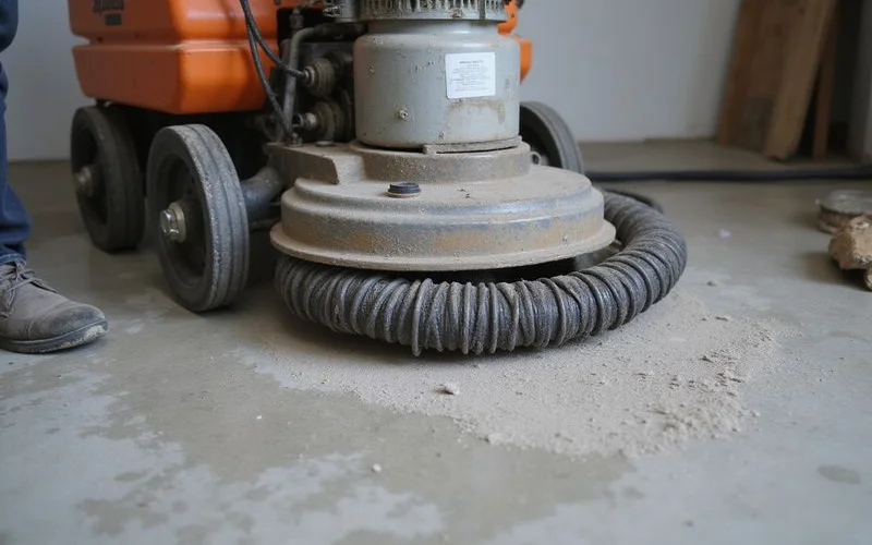 HEPA dust extraction hose attached to a floor grinder in a commercial space