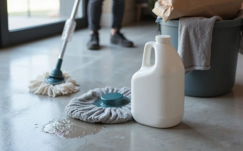 Neutral-pH cleaner and microfiber mop beside a polished concrete floor