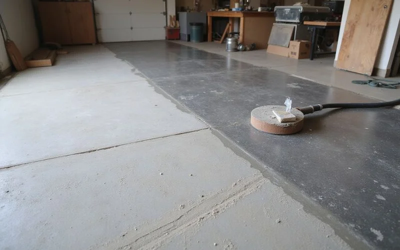 Partially ground concrete slab showing adhesive being removed