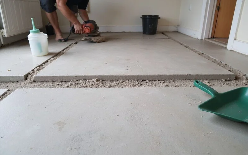 Partially ground concrete slab where tile adhesive has been removed