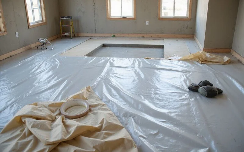 Protective covering laid over a concrete slab during construction