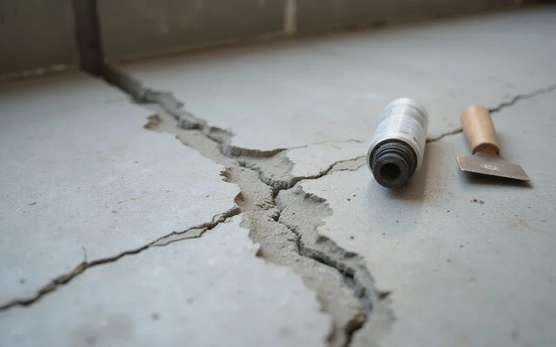 Repaired and filled crack in a concrete slab being prepared for polishing