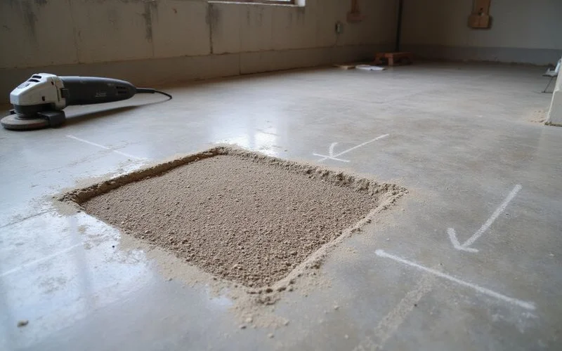 Small ground test patch on an older slab showing realistic colour and aggregate