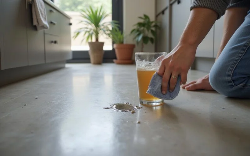 Spill being wiped promptly from a polished concrete kitchen floor