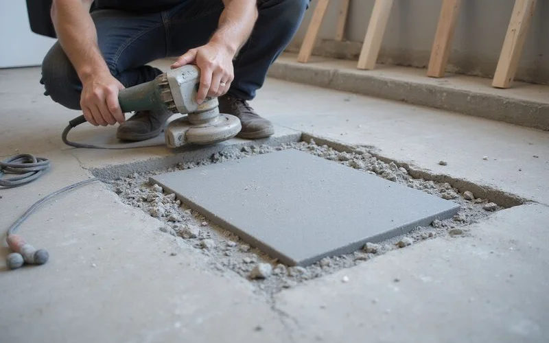 Test area ground into an uncovered remodel slab beside untouched adhesive
