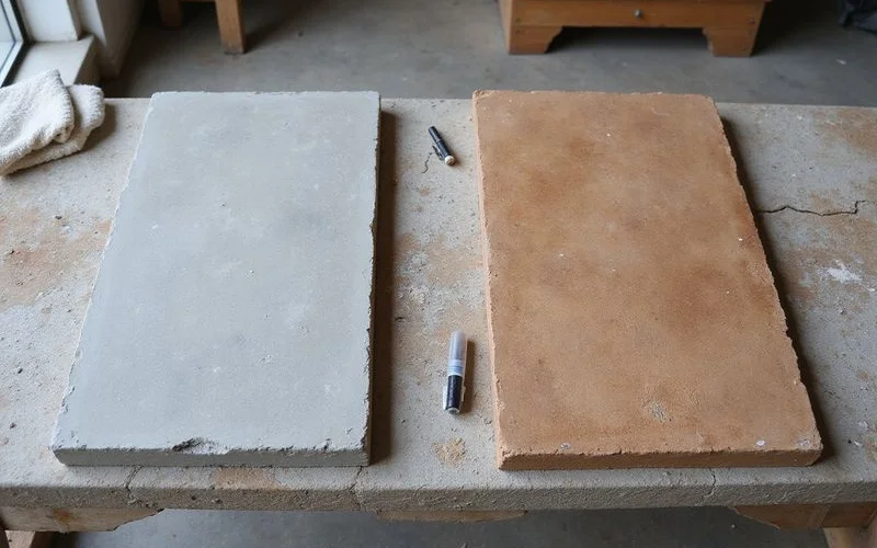 Two concrete sample panels, one natural grey and one stained warm brown