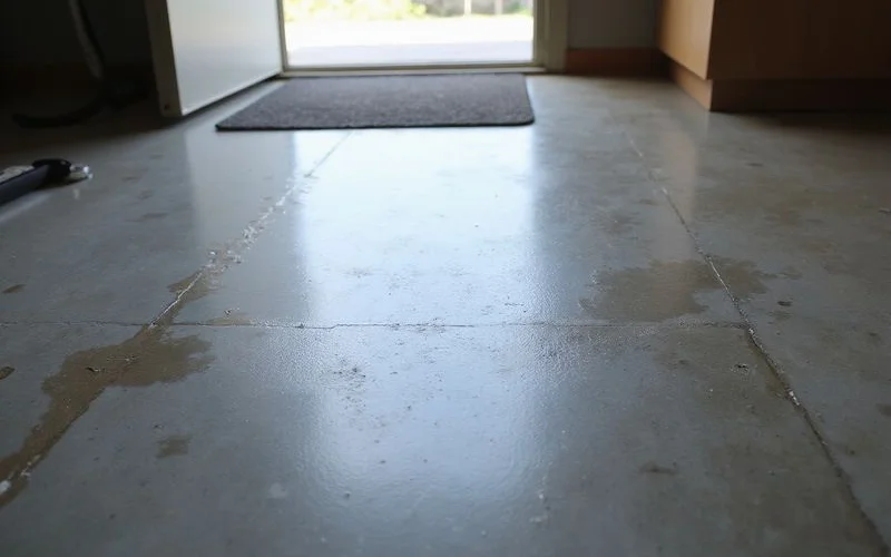 Worn sealer showing traffic-lane scuffing on a coated concrete floor