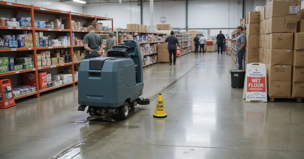 Auto-scrubber cleaning a large polished concrete retail floor in Austin