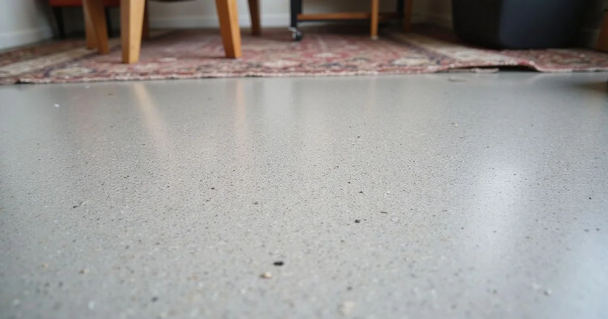 Close-up of a salt-and-pepper polished concrete floor showing fine aggregate flecks under natural daylight