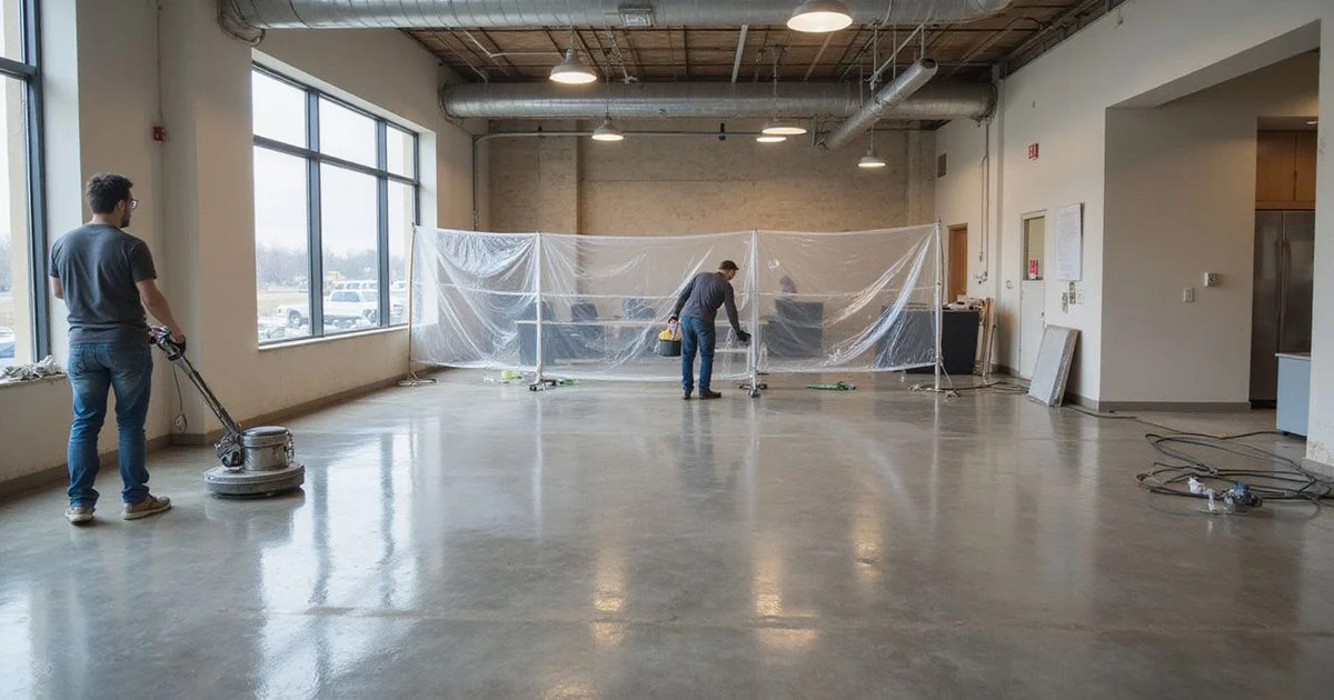 Commercial floor being polished in a phased-off work zone with barriers in an Austin facility