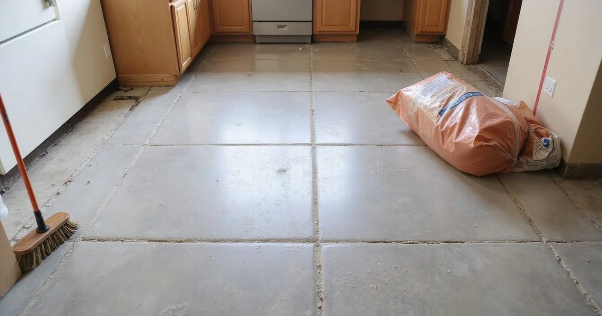Concrete slab uncovered after tile removal in an Austin remodel, showing thinset ghosting