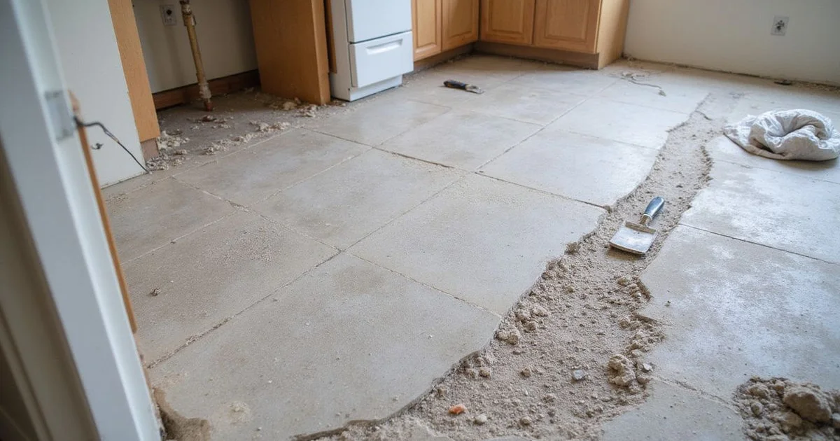 Concrete slab uncovered after tile removal showing thinset ghosting in an Austin remodel