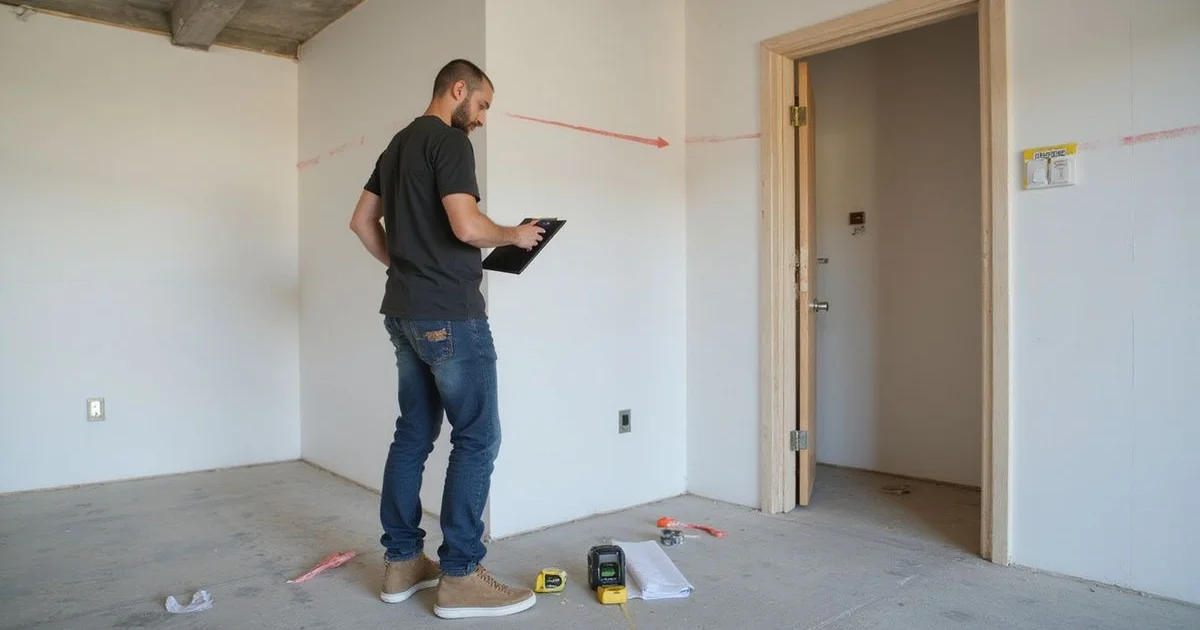 Estimator measuring floor area on a bare Austin concrete slab with a laser measure