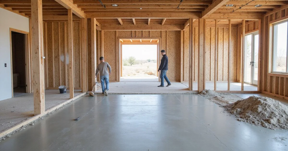 Freshly poured interior slab in an Austin new-build with framing around it