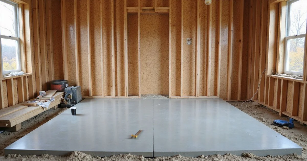 Freshly poured interior slab in an Austin new build surrounded by timber framing