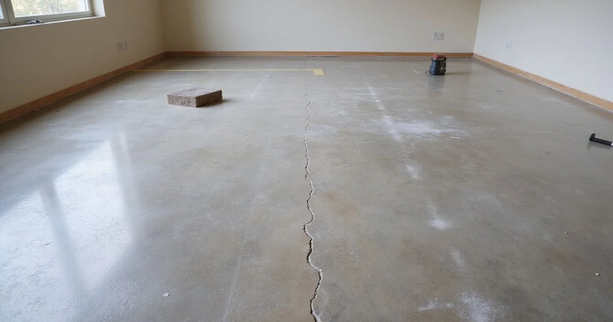 Hairline crack across an interior concrete slab in an Austin home before polishing