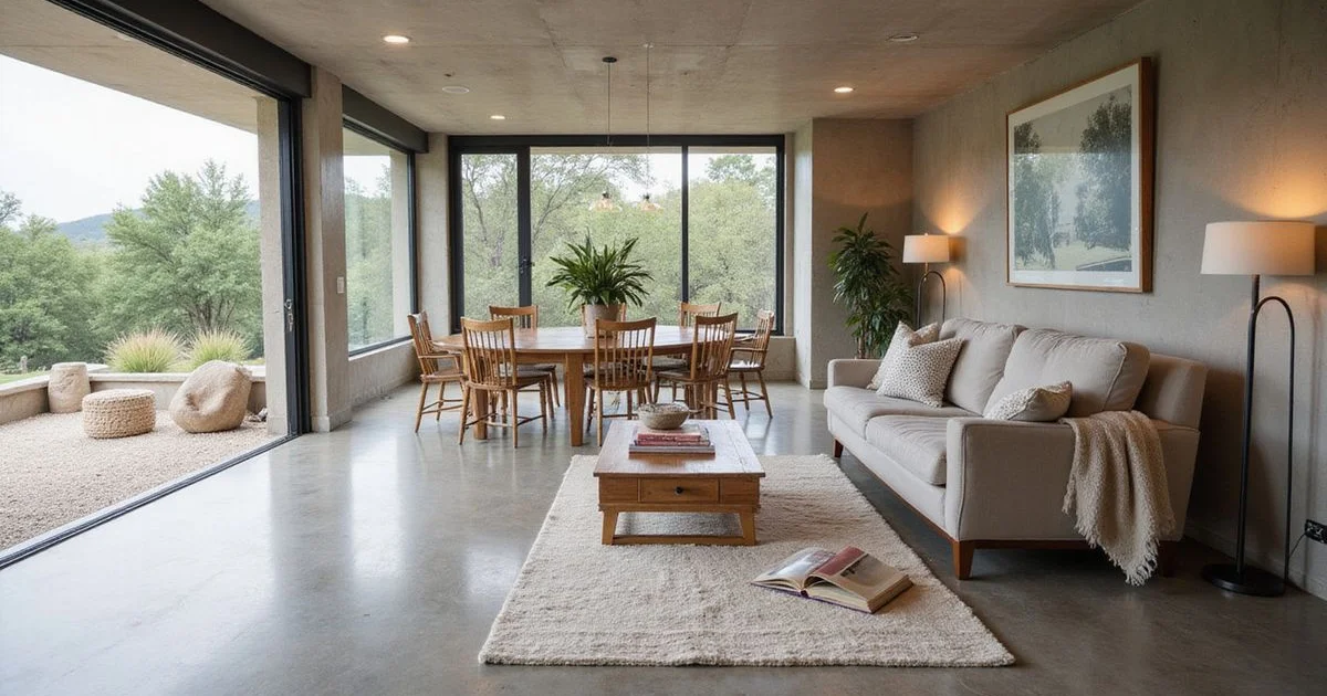 Open-plan Austin living space with a polished concrete floor and neutral furnishings