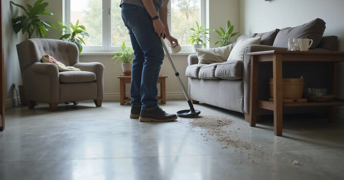 Person dust-mopping a polished concrete floor in an Austin living room