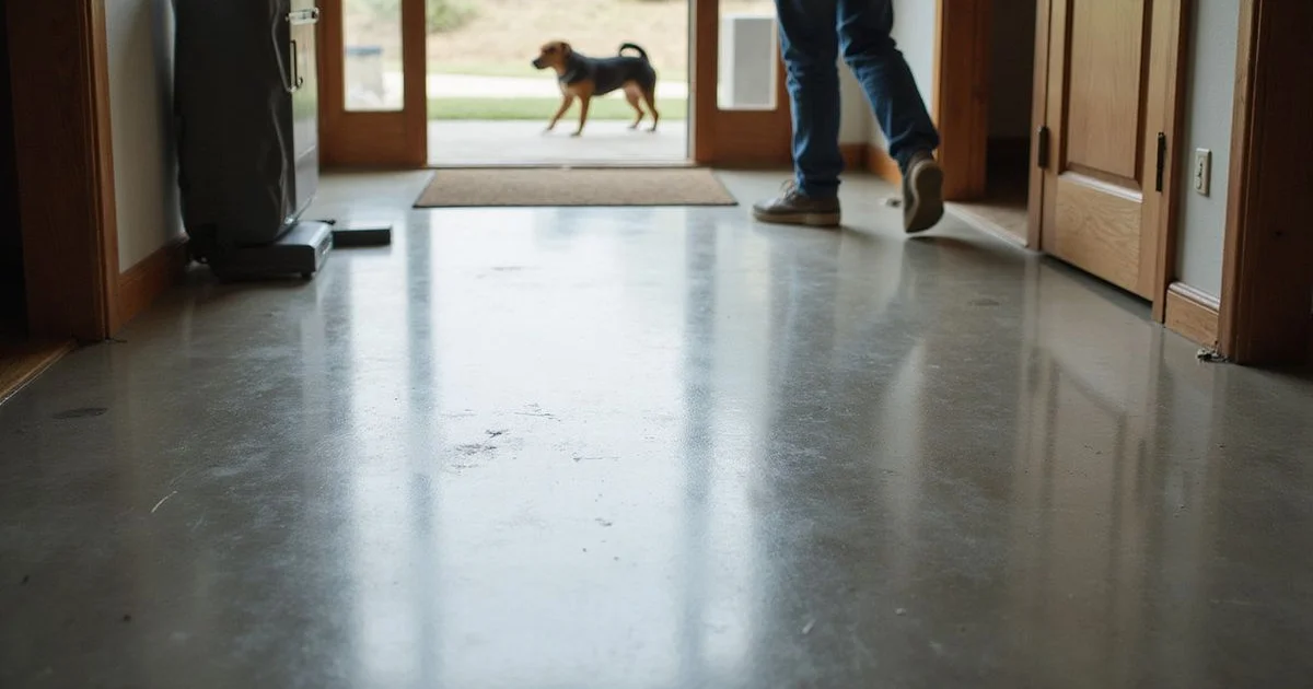 Polished concrete entryway in an Austin home with a natural-light window reflection