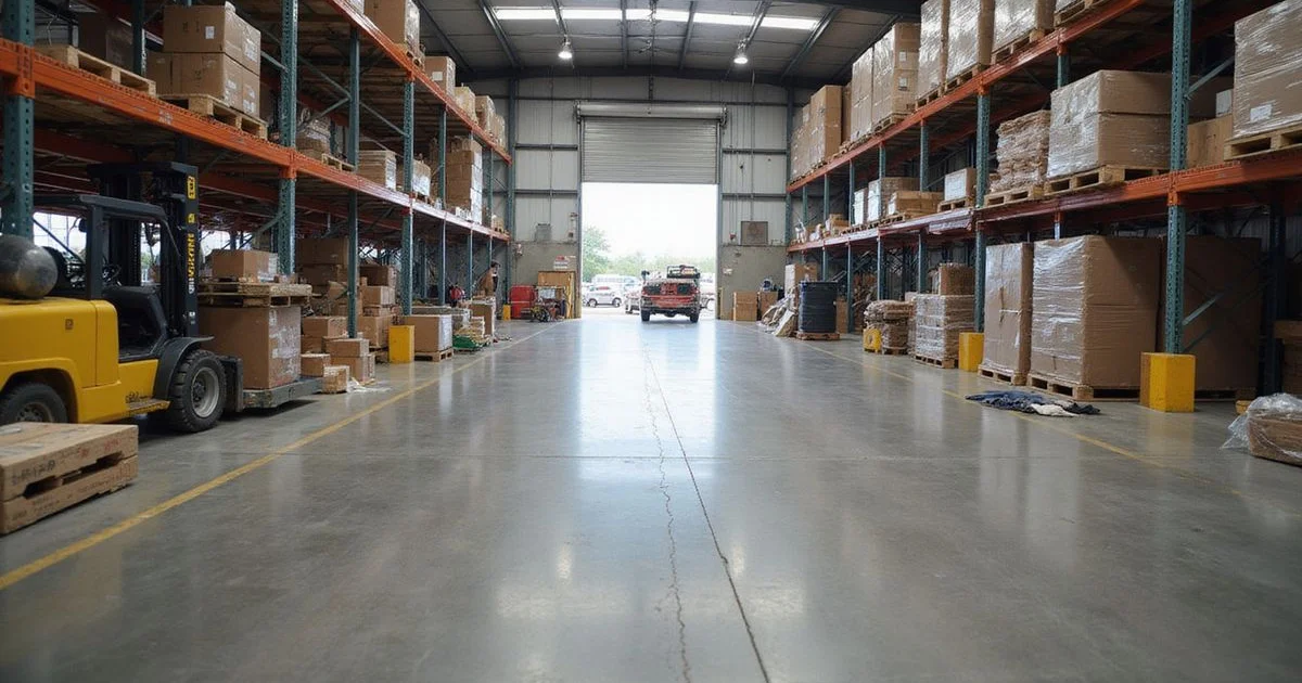 Polished concrete floor in an Austin warehouse with racking and a forklift in the background