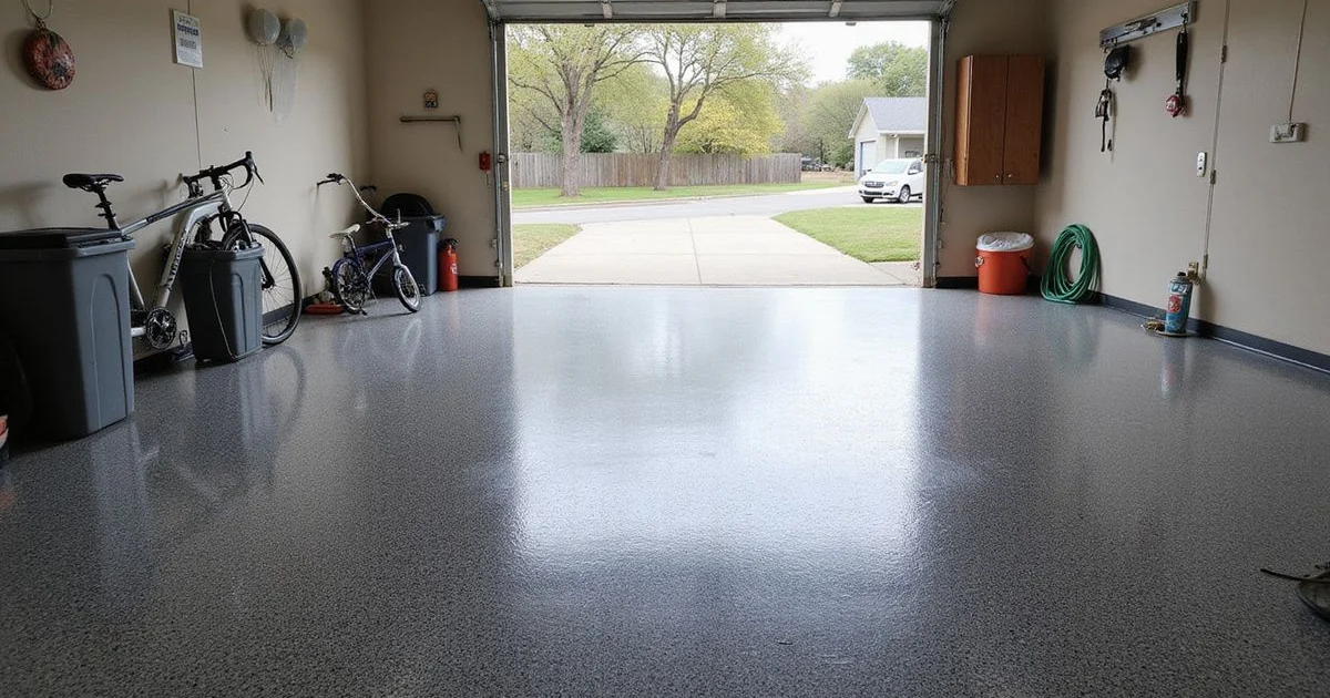 Residential garage with a flake epoxy floor coating in an Austin home