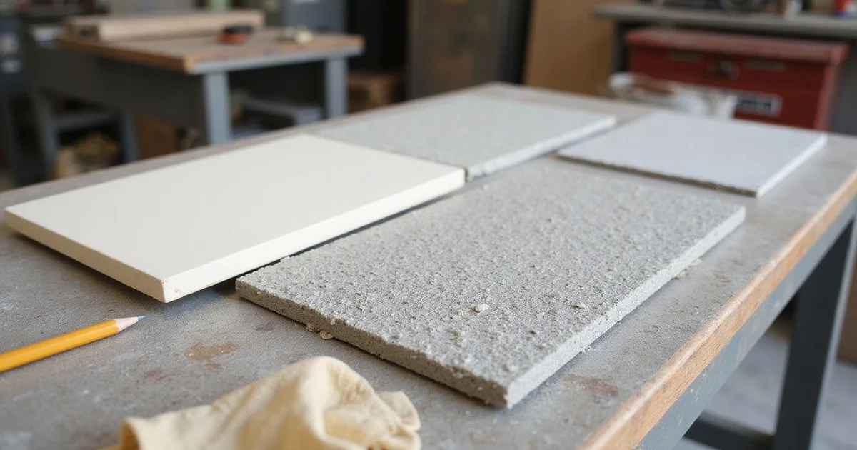 Row of polished concrete samples from cream to large exposed aggregate under comparable light