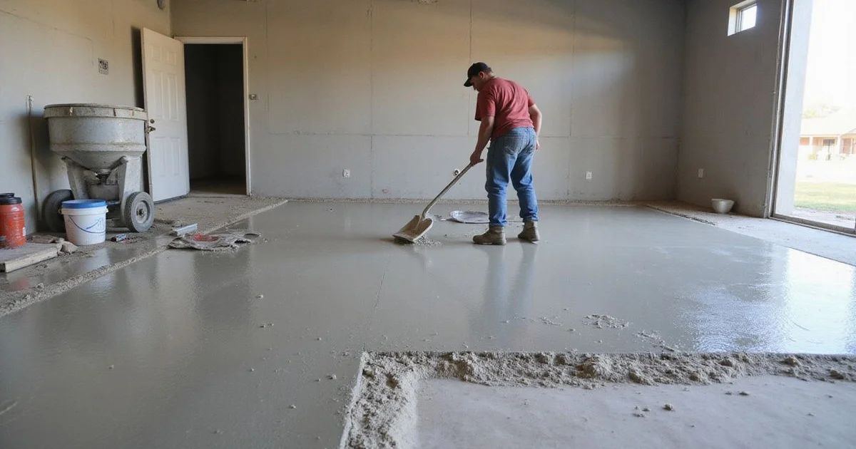 Self-levelling overlay being spread over a prepared concrete slab in an Austin space