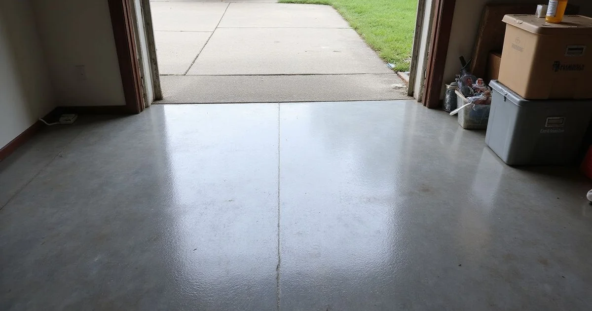 Split scene: polished concrete floor on one side, flake epoxy garage floor on the other