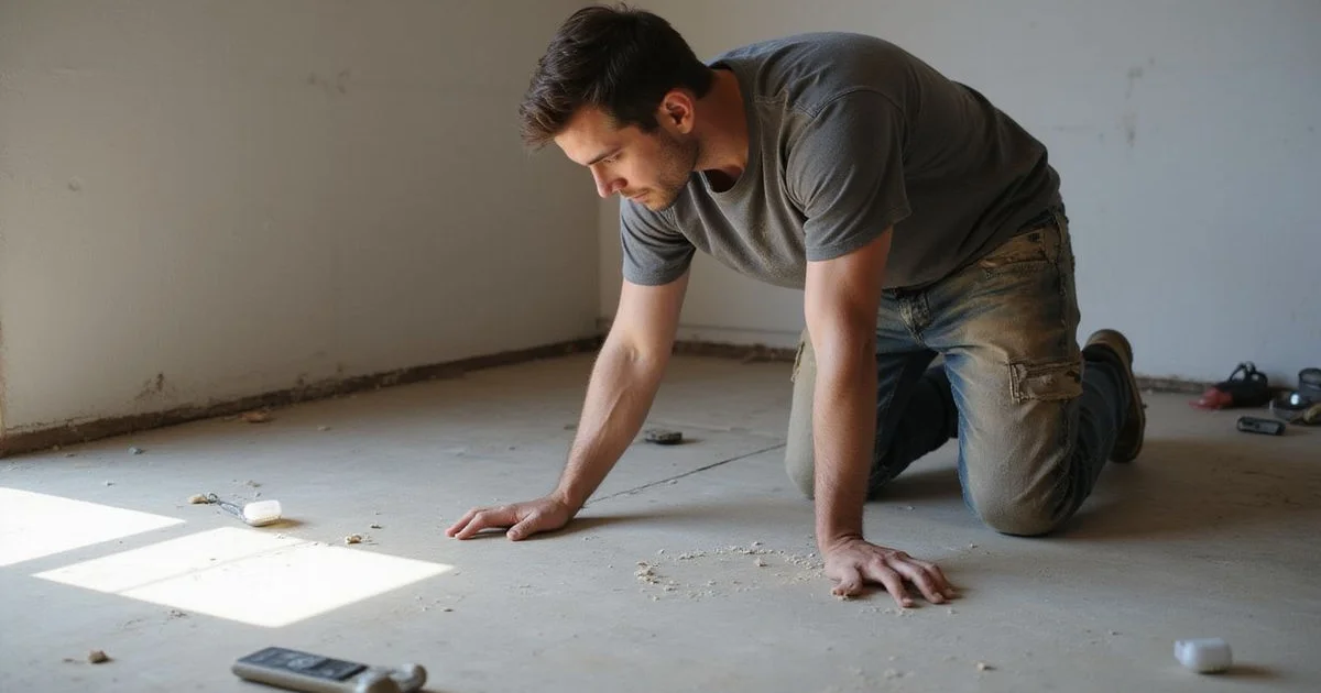 Worker inspecting a bare existing concrete slab with tile adhesive residue in an Austin remodel
