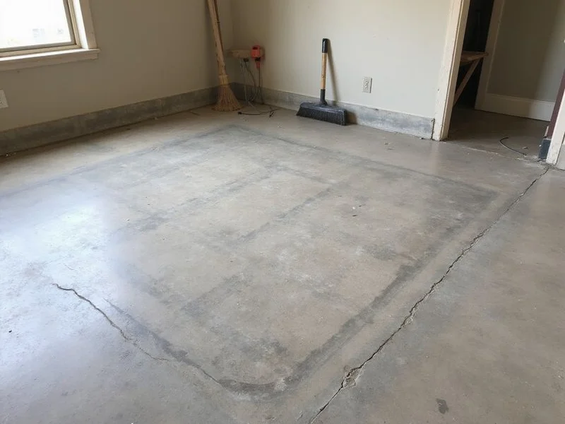 Bare concrete slab before grinding, showing adhesive residue and trowel marks
