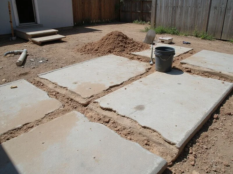 Damaged concrete slab with trench lines and patch repairs before overlay work