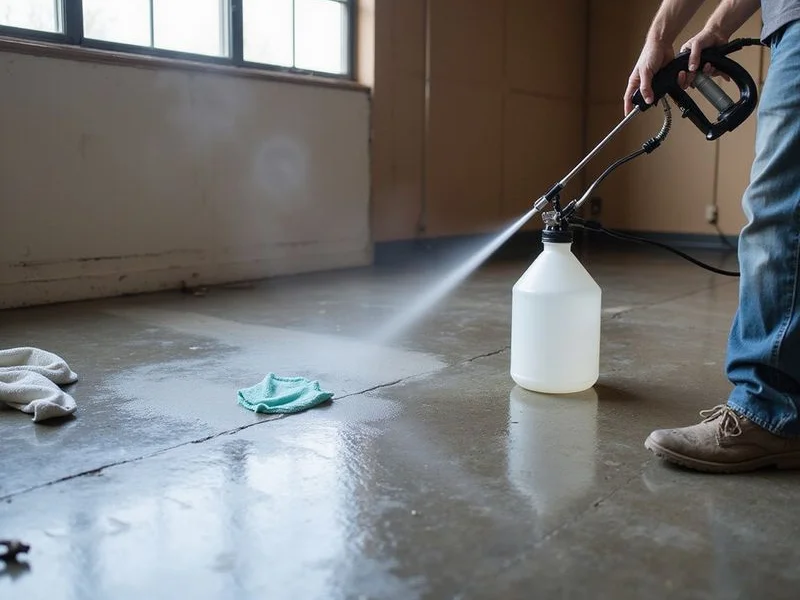 Silicate densifier being applied to a ground concrete floor