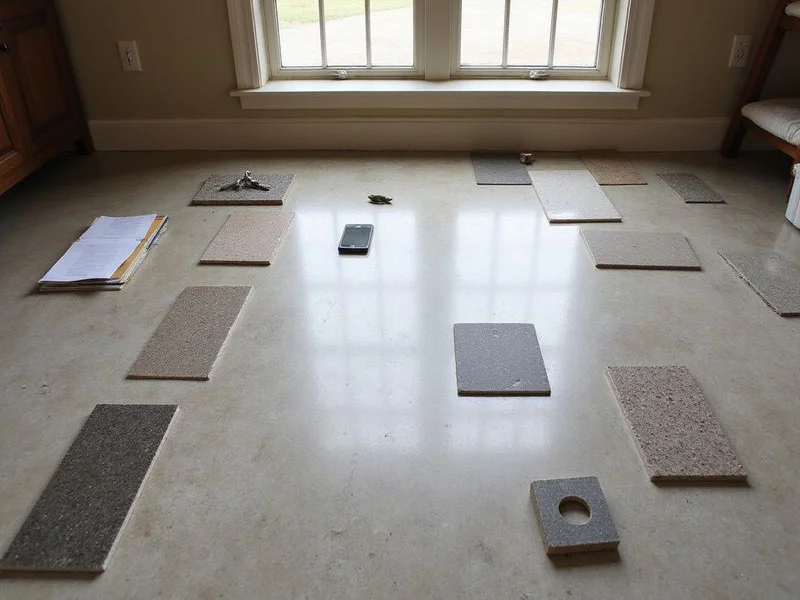 Finish samples laid on a home floor for comparing sheen levels