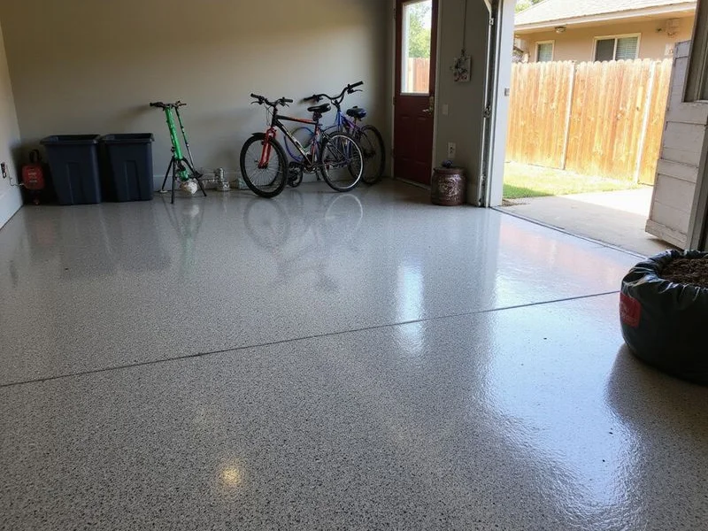 Flake epoxy garage floor in an Austin home with the door open