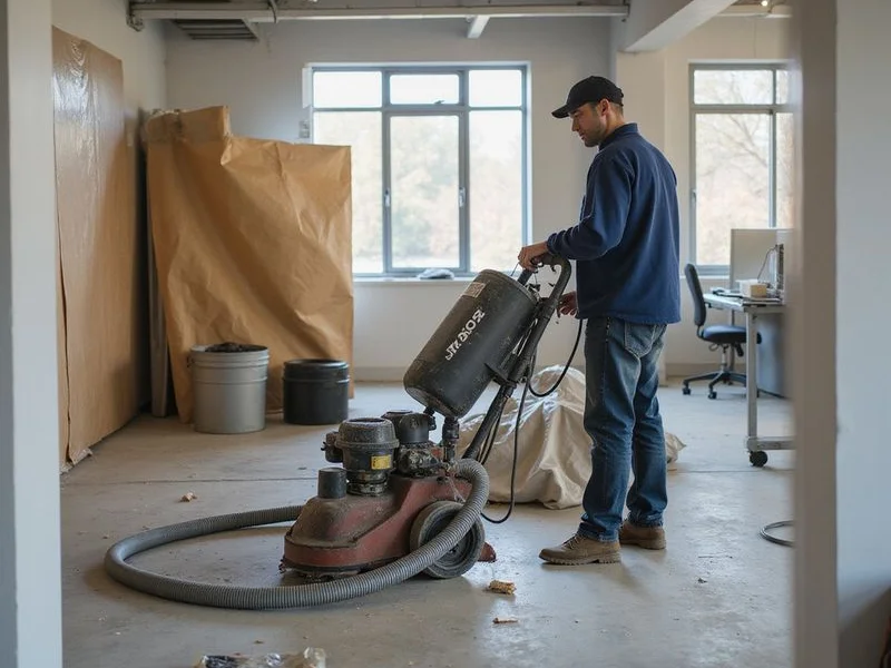 HEPA dust extraction hose attached to a floor grinder in an occupied commercial space